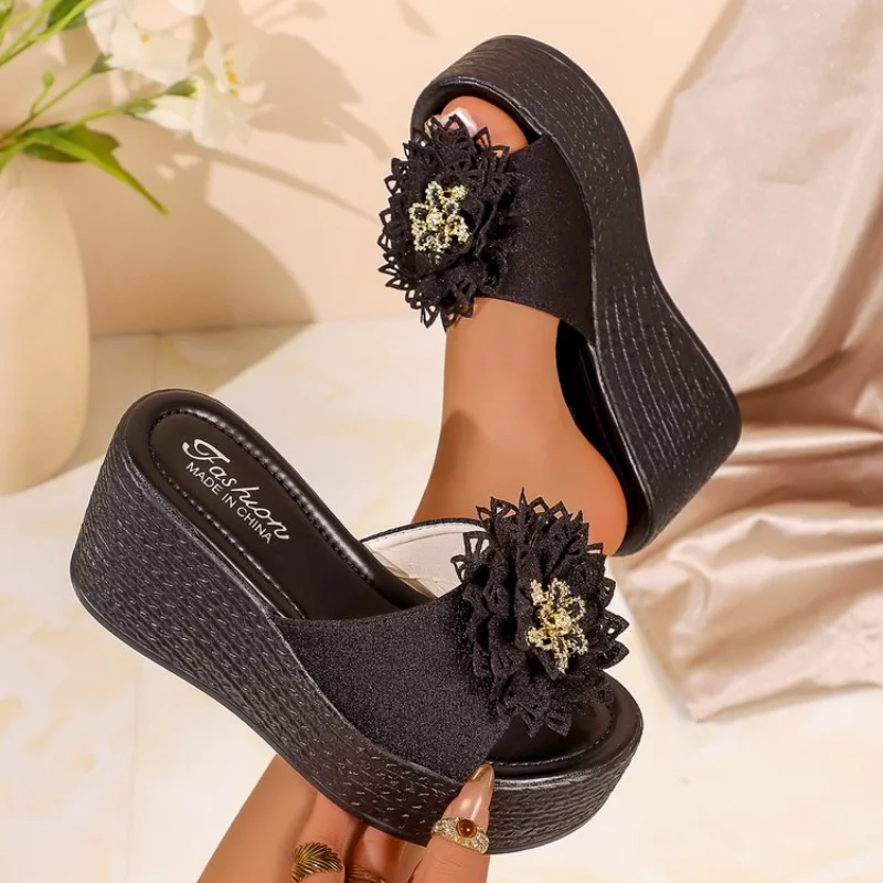 Women Summer Thick Platform Elevated Open Toe Outdoor Casual Beach Lazy Slide Sandals, Lace Rhinestone Flower Decor Wedge Slides