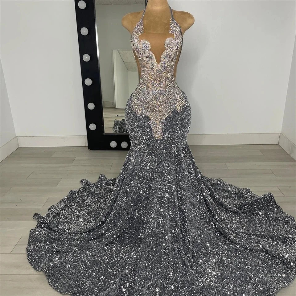 Sparkly Sequin Rhinestones Grey Prom Dresses Black Girls 2024 Luxury Bead Mermaid Evening Party Gala Gown Graduation Customized