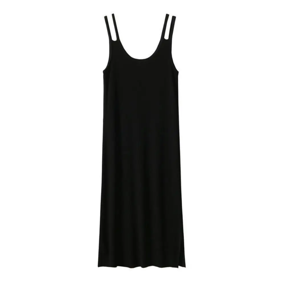 Vestido largo holgado sin mangas para mujer, ropa informal con tirantes, cuello redondo, color negro