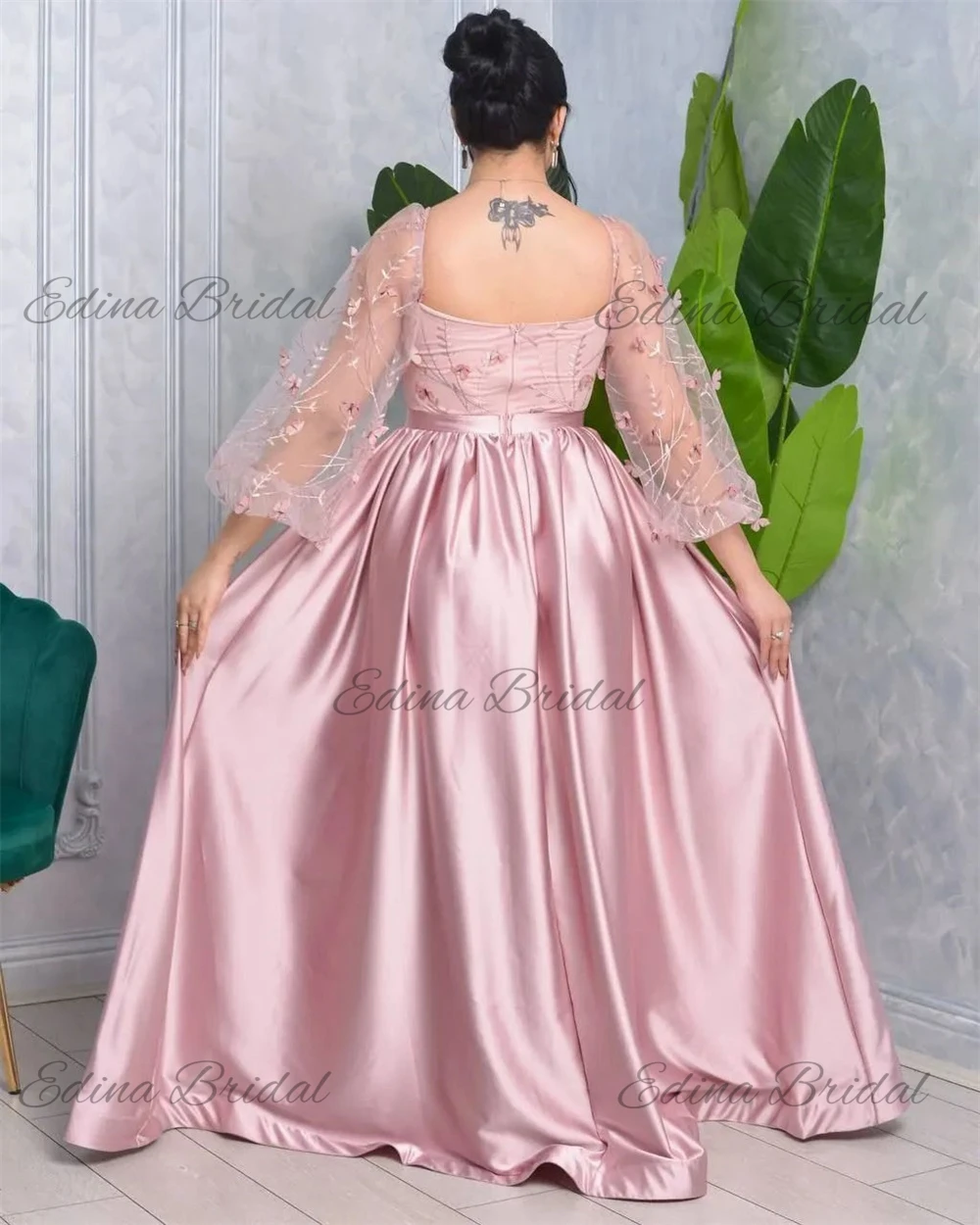 Satin Patchwork Lace Evening Dresses Long Sleeve Illusion A-line Pleat Square Neck Prom Gown Backless فساتين سهرة فخمه