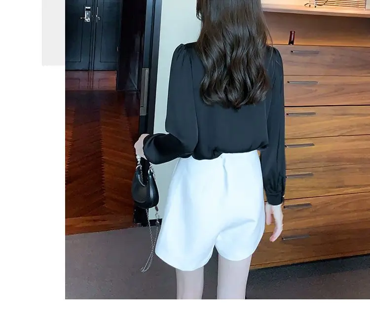 French High-end Pointed Collar Shirt for Women New Western-style Chiffon Shirt Fashionable Chain Splicing Top