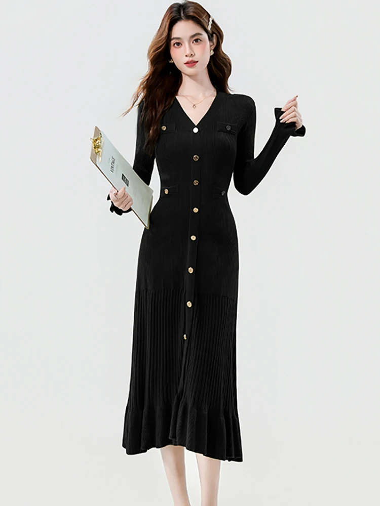 Vrouwen Effen Gebreide Single Breasted Lange Mouw V-hals Jurk Herfst Winter Elegante Verstoorde Lange Jurk 2025, Koreaanse Bodycon Jurk
