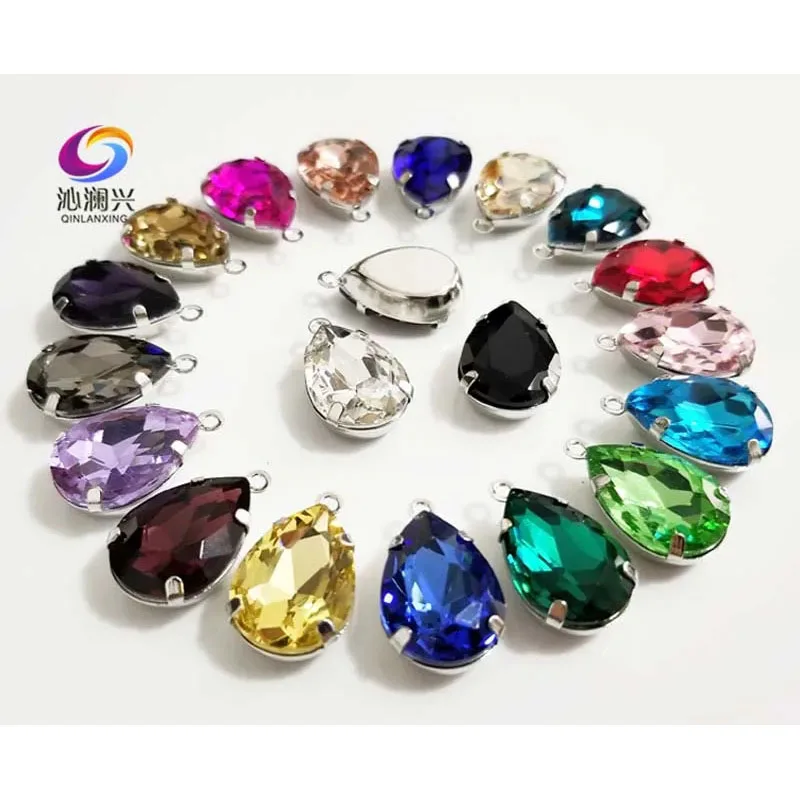 13x18mm di alta qualità a forma di DR cristallo argento fondo cucire su strass con fori, accessori per abbigliamento fai da te