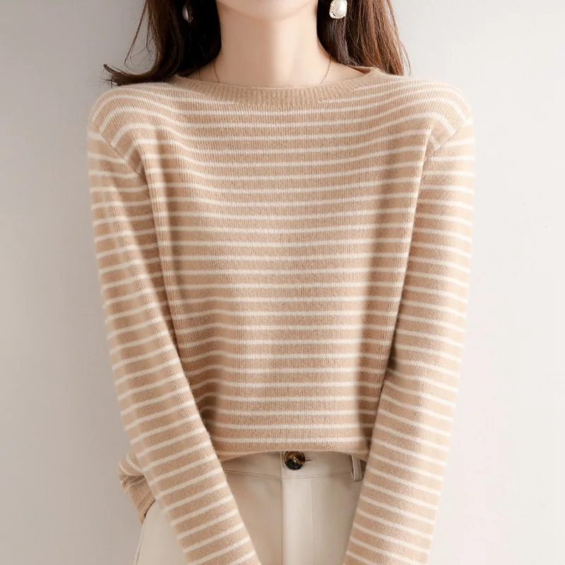 Women O-Neck Striped Sweater Harajuku Winter Retro Women\'s Thick Slim Stretch Warm Tops 2022 Autumn Knitted Pullover