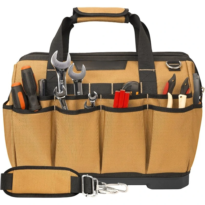 16 Inch Wide-Mouth Tool Bag, Heavy Duty Toolbag Organizer, Large Tool Tote Bags for Men & Women with Waterproof Molded Base