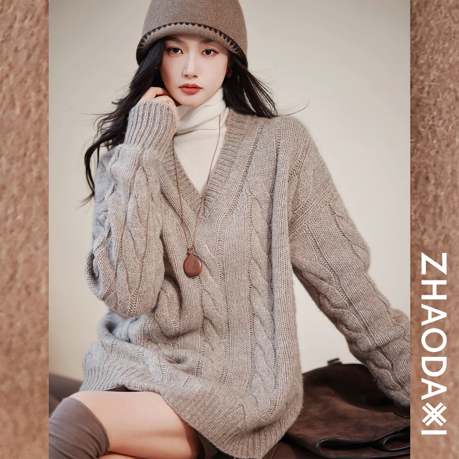 

High Weight Camere Sweater Soft Gold Twist Flower Design Easy to Match Women's Loose Fit Long Sve V-Ne Knittedwear