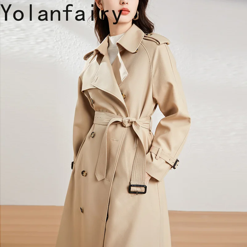 YOLANFAIRY 2025 Fall Elegant Jacket for Women British Style Trench Coat Woman Loose Lace-up High Street Coats Female Windbreaker