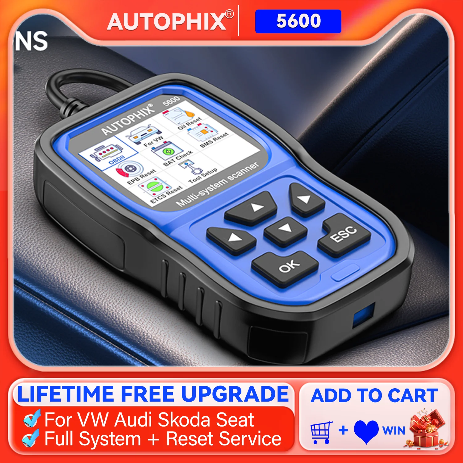 AUTOPHIX 5600 Full System Diagnostic Scan Tool OBD2 Scanner Code Reader Engine ABS SRS SAS BMS EPB TPMS Oil Reset Battery for VW