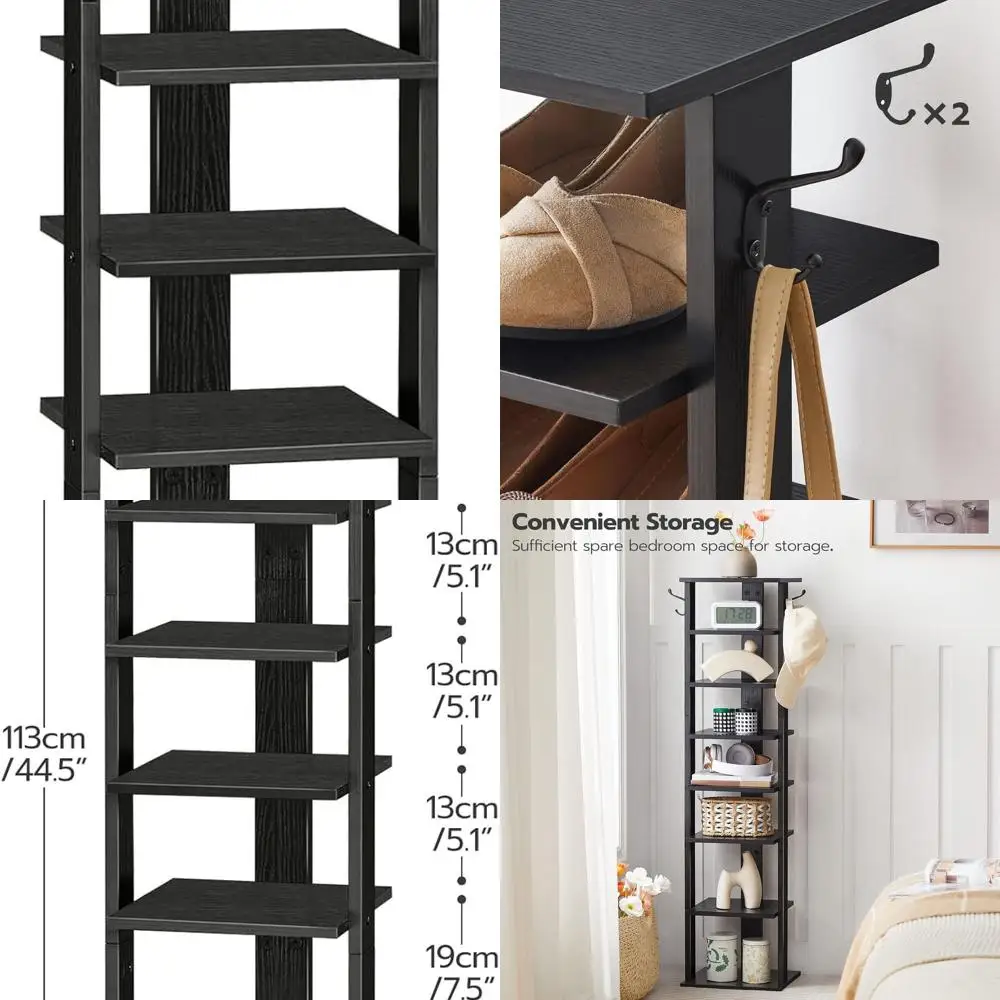 

8-Tier Wooden Shoe Rack with Hooks, Compact Storage for 8 Pairs, Ideal for Home Entryways and Living Spaces, Black