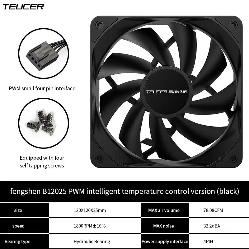 Teucer-PWM Controle Silencioso Ventilador Caso Computador, CPU Cooler, dissipador de água do ventilador, 12cm Ventilador do Chassi, 1800rpm, 120mm