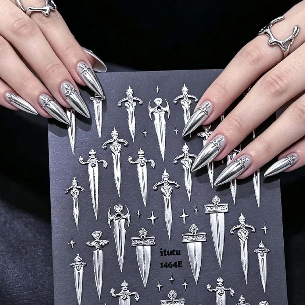 Metallic Gold Silver Embossed Goth Punk Sword Shape Self Adhesive Nail Stickers Retro Manicure Accessories Slider for Nail Art