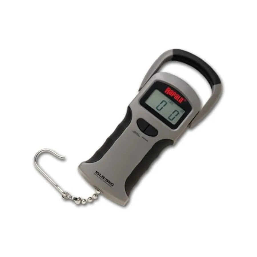 

Fishing scale for outdoor use, ABS plastic, black, 50 lb capacity with LCD display showing pounds and kilograms