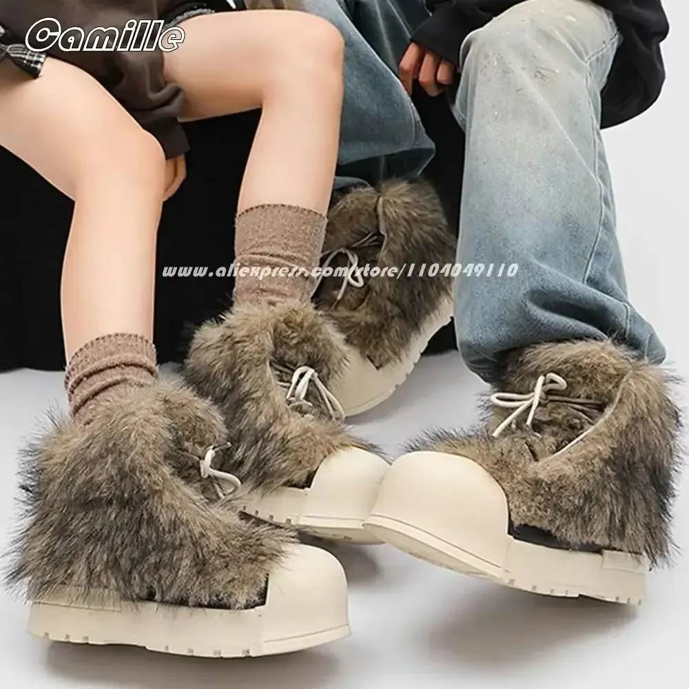 

Fur Mixed Color SHort Plush Front Lace Up Snow Mid-Top Sneakers Winter NEW Size 36-44 Lady Snow Boots Round Toe Casual Boots