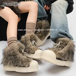 Fur Mixed Color SHort Plush Front Lace Up Snow Mid-Top Sneakers Winter NEW Size 36-44 Lady Snow Boots Round Toe Casual Boots