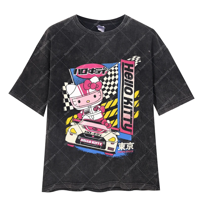 مرحبا كيتي الكبار خمر غسلها تي شيرت الصيف ملابس النساء أنيمي تي شيرت مطبوع فتاة قصيرة الأكمام كارتون لطيف تي شيرت 2025