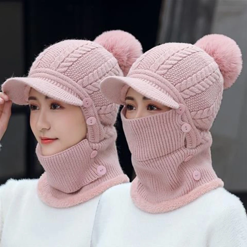 

Winter Women Hat Scarf Mask Set Velvet Thick Warm Duck Tongue Cap Beanies Cycling Wool Plush Skullies Rabbit Hair Ball Cap