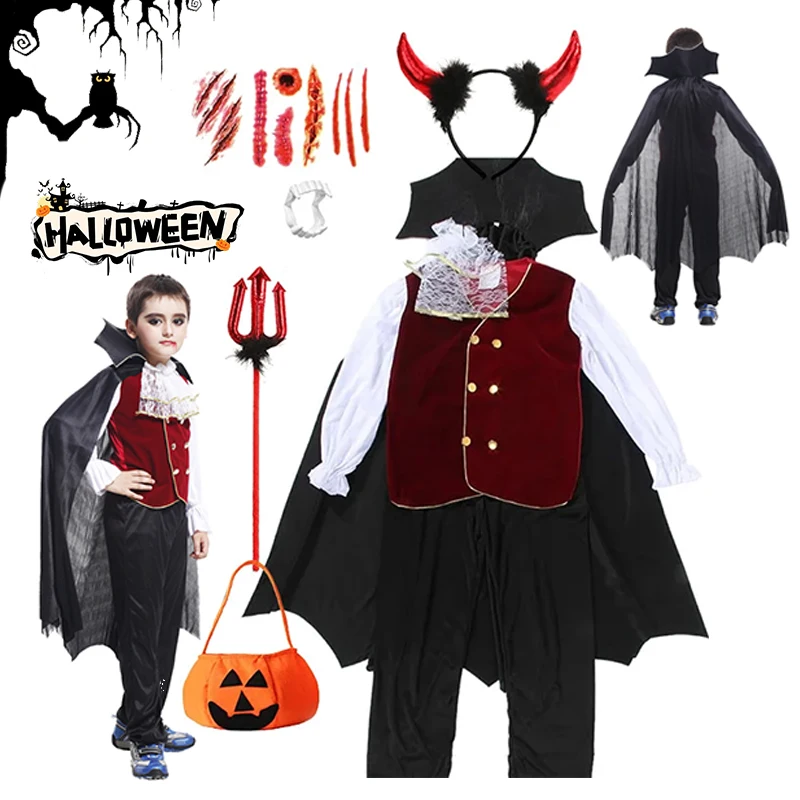 ittle Boys Vampire Devil Costume Velvet Vest Cape Trousers Set Halloween Carnival School Cosplay Outfit