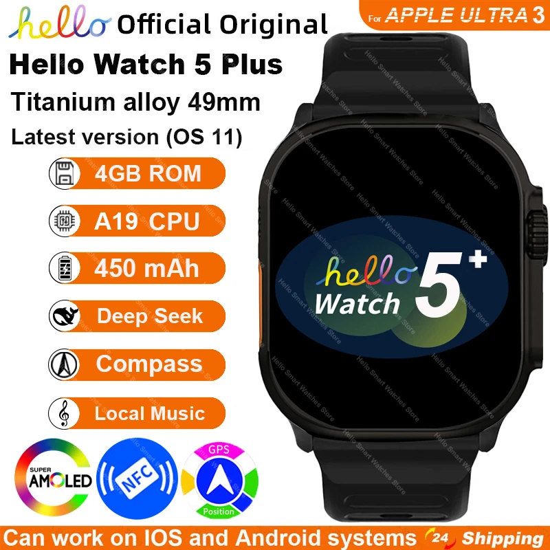 Smartwatch 2025 الرسمية الأصلية مرحبا ساعة 5 زائد الترا 3 AMOLED 4G ROM NFC GPT البوصلة بلوتوث دعوة 49 مللي متر ساعة ذكية الرجال