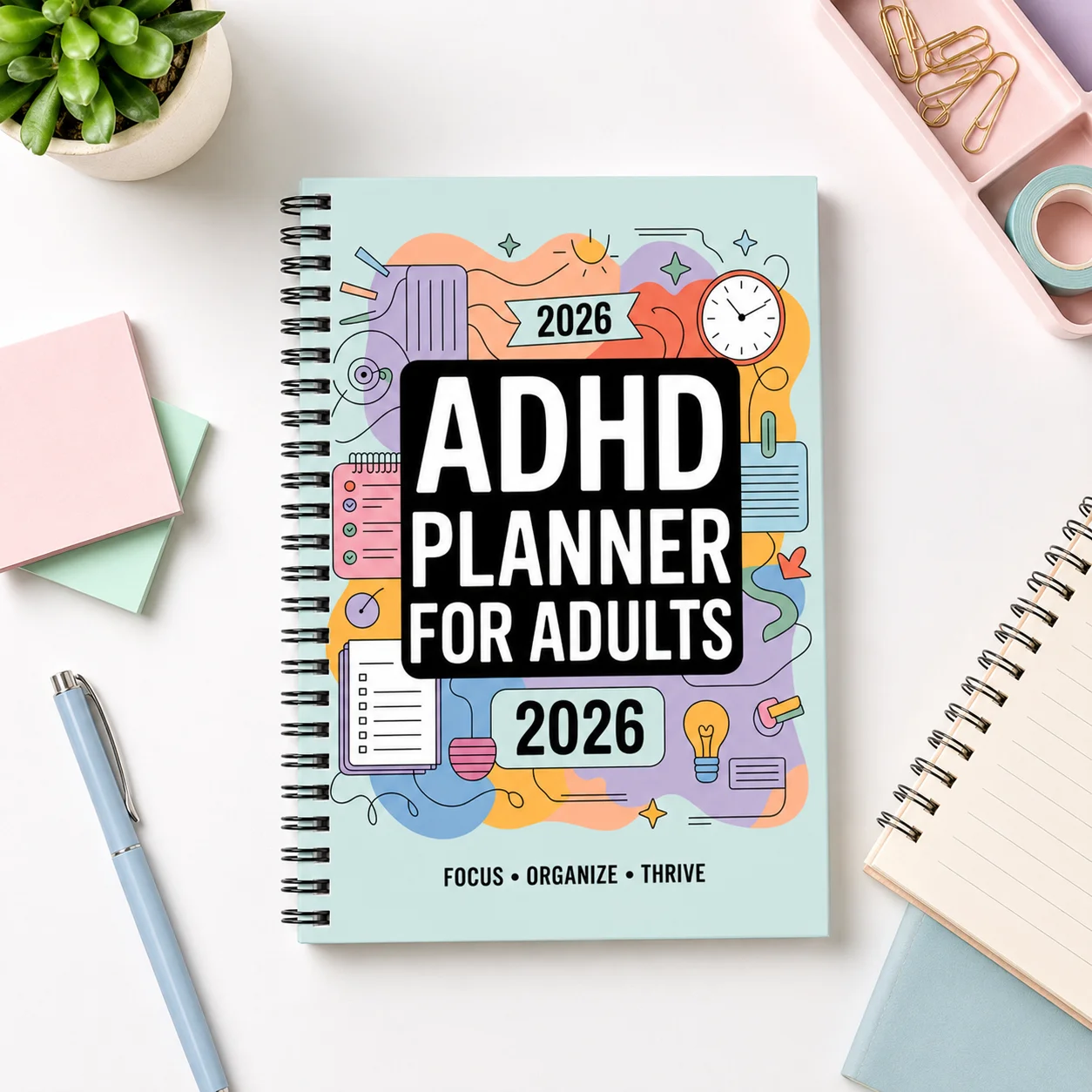2026 ADHD Planner For Adults Spiral Journal, Daily Weekly Time Management Organizer Notebook for Focus Goal Planning Mental Heal