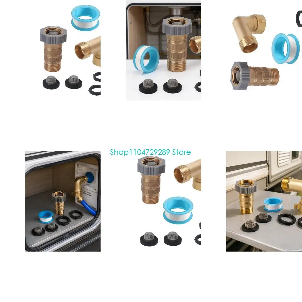 D8KE Travel Trailer Water Pressure Regulator in Brass with 90 Degree Elbow Adapter, Thread Seal Tape, Washer Accessories and