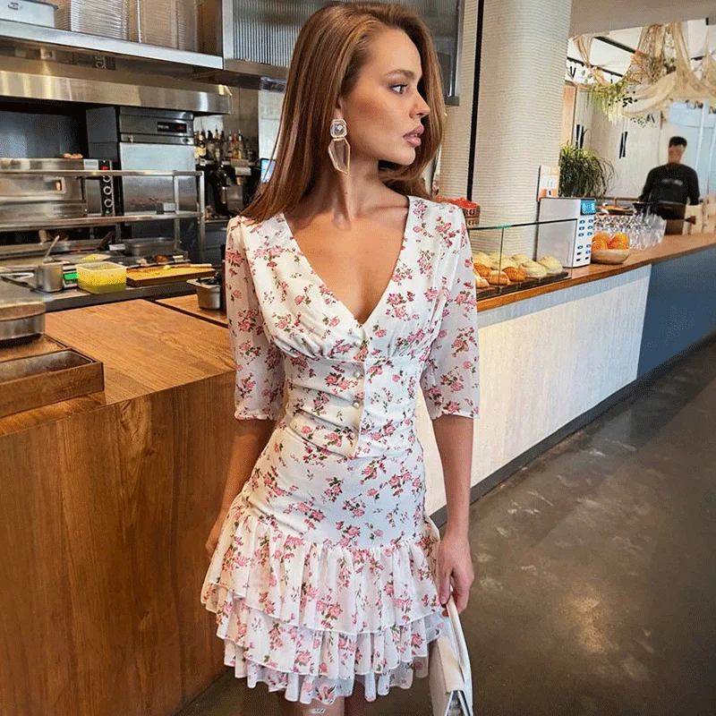 Ticketsx Fashiona V Neck Floral Dress Summer Women's Printed High Waisted Ruffled Slim Dress Elegant Party Vacation Mini Dresses