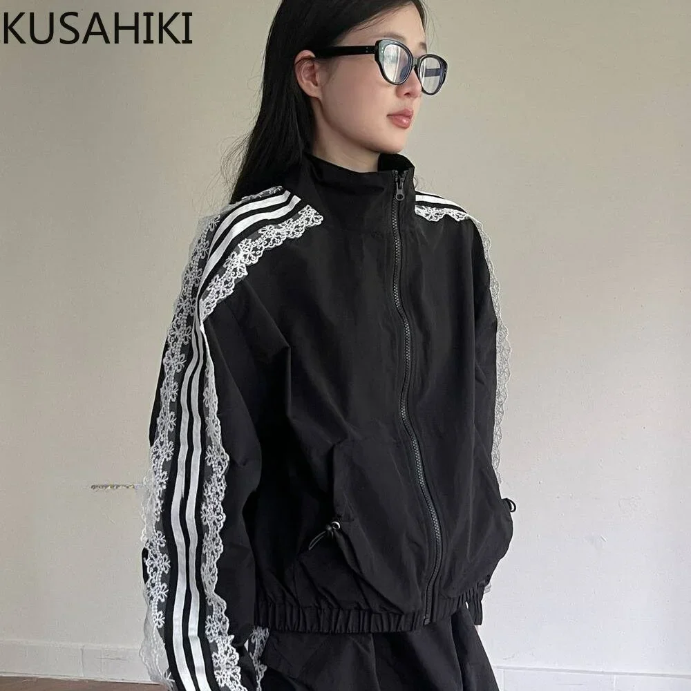 KUSAHIKI Lace Patchwork Striped Sun Protection Jacket for Women 2024 New Korean Causal Zipper Stand Neck Cardigan Coat Top