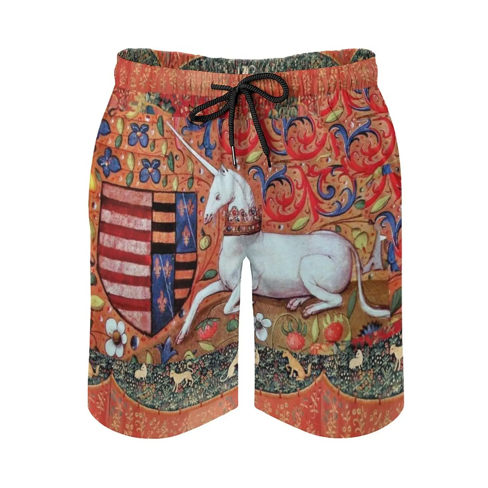 Unicorn Fantasy Flowers Animals Medieval Heraldic Motifs Men's Beach Shorts Board Shorts Bermuda Surfing Swim Shorts Unicorn