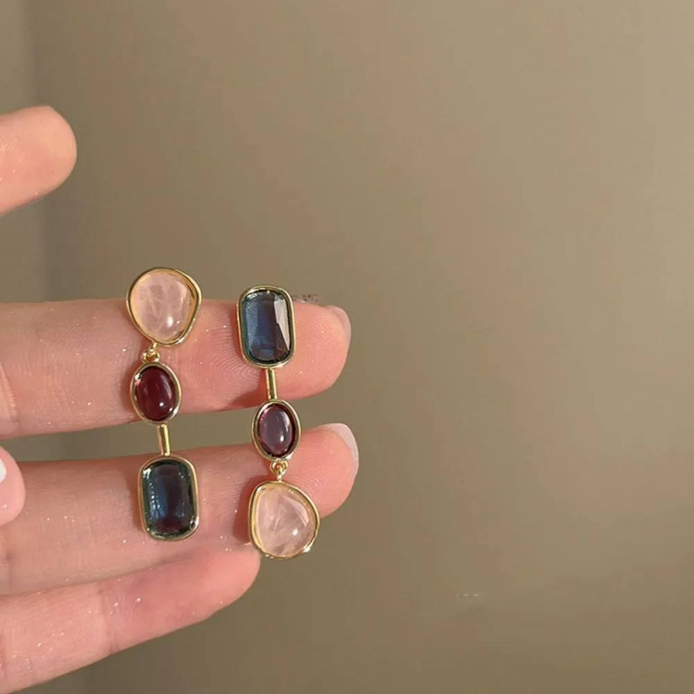 Women\'s Asymmetrical Colorful Gemstone Earrings Silver Needle Medium Antique Clashing Earrings Niche Design High Quality Jewelry