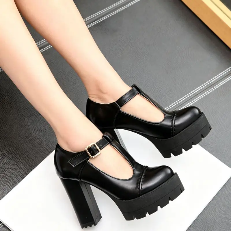 SIMLOVEYO Hot Women Pumps Round Toe 11cm Thick Heels 3.5cm Platform Buckle T Strap Large Size 41 42 43 Mary Janes Shoes Autumn