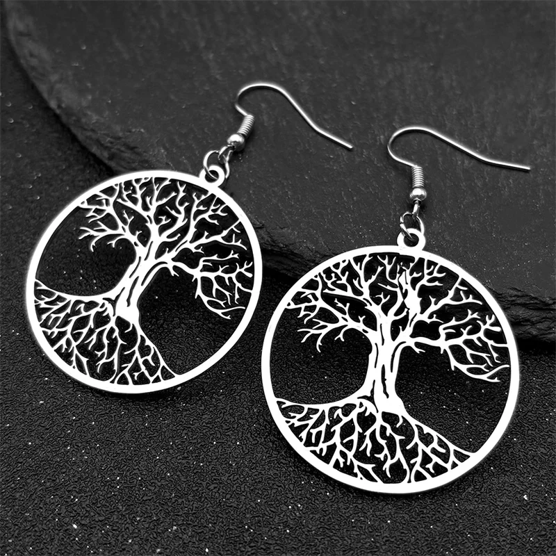 Hollow Tree of Life Drop Earrings for Women Men Stainless Steel Gold Silver Color Plant Dangle Earring Amulet Jewelry Gift