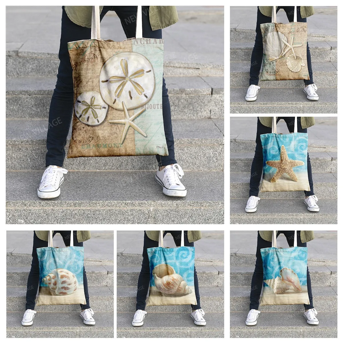 Canvas shoulder bag organization storage handbag cosmetics travel women's bag shopping fabric bag underwater world style