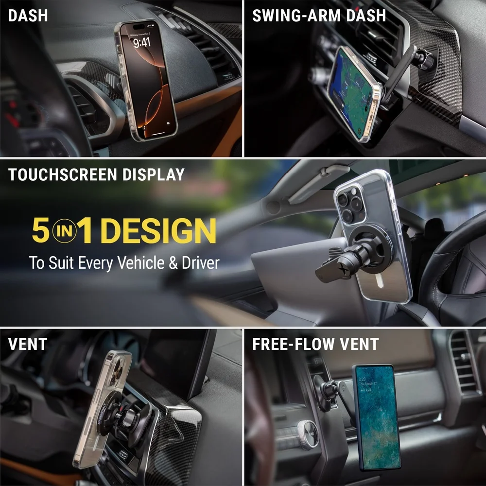5-in-1 MagSafe 차량용 휴대폰 거치대 조절 가능한 대시보드 통풍구 홀더 강력한 네오디뮴 자석 핸즈프리 내비게이션 및 미디어