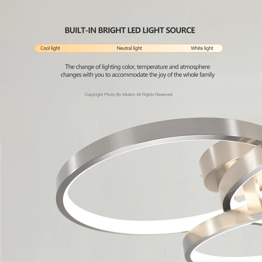Design de três anéis, instalação semi-embutida moderna, luz de teto de iluminação LED de anel interno