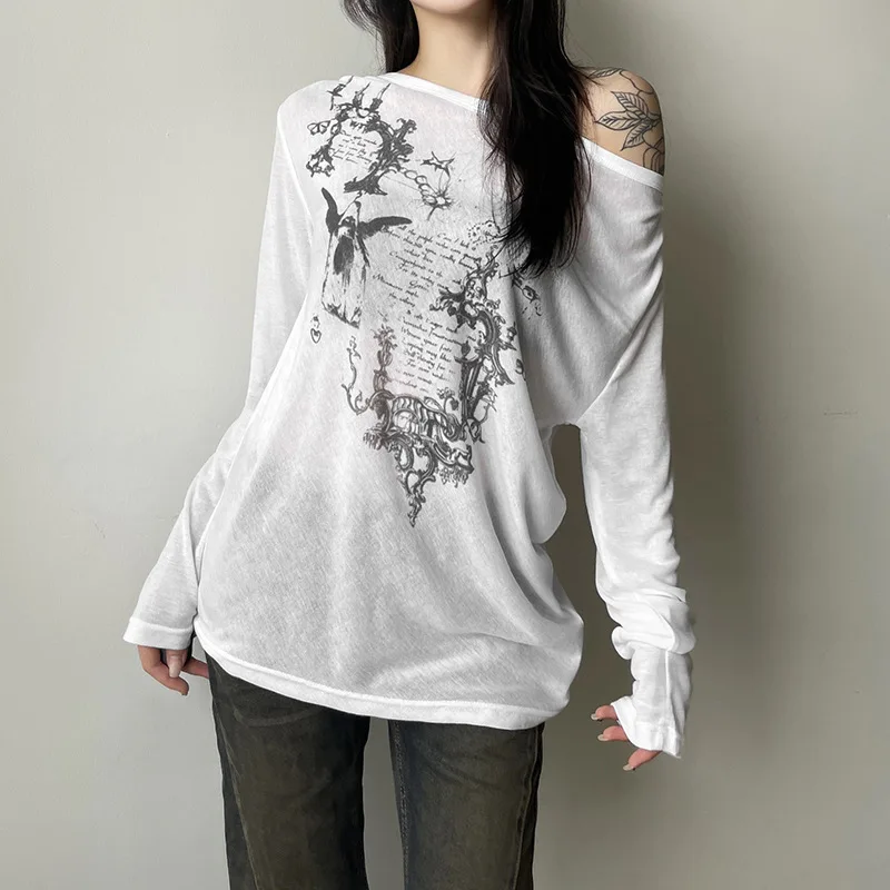 

Новая летняя женская однотонная свободная уличная модная футболка с длинным рукавом с наклонным вырезом и принтом для женщин