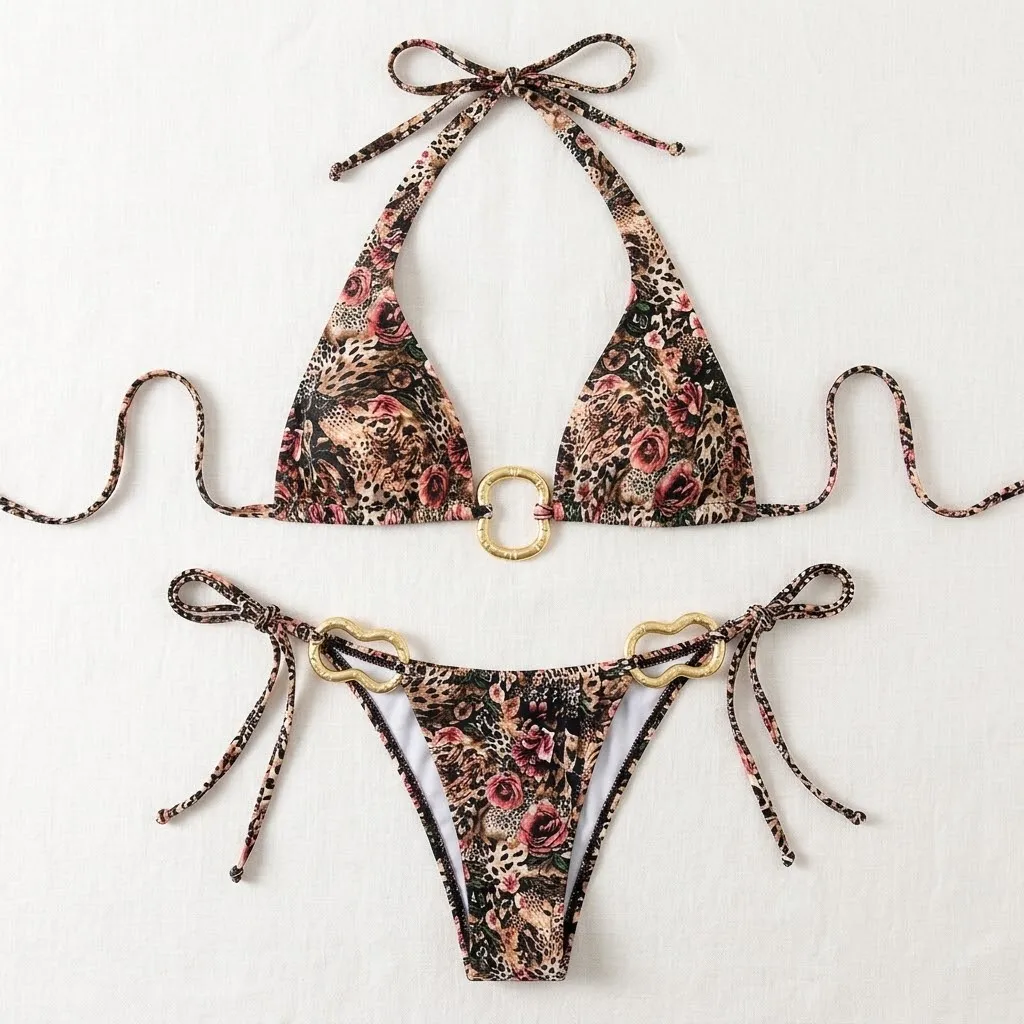 JEWELRY SEN Ladies Floral Leopard O‑Ring Bikini 2‑Piece Halter Triangle Swimwear Beach Vacation Swimsuit