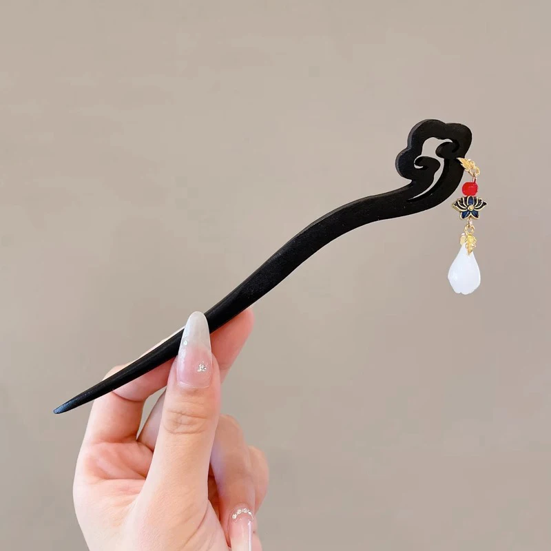 New Chinese Style Retro Black Wood Flower Tassel Women's Hair Stick, New Chinese Style Hair Clip, Hair Accessory Gift image 5