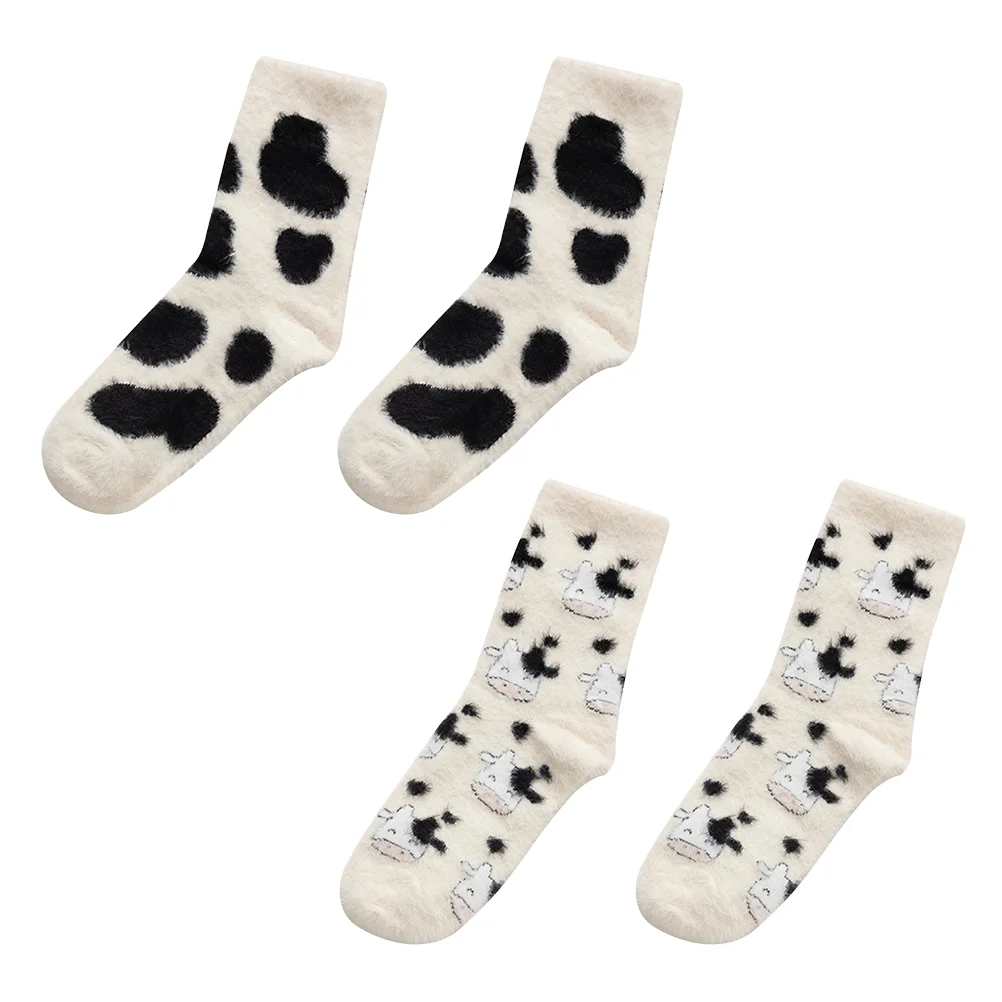 

2 Pairs House Shoes Slippers Cow Print Shirt Socks Warm Plush Thickened Stocking Women's