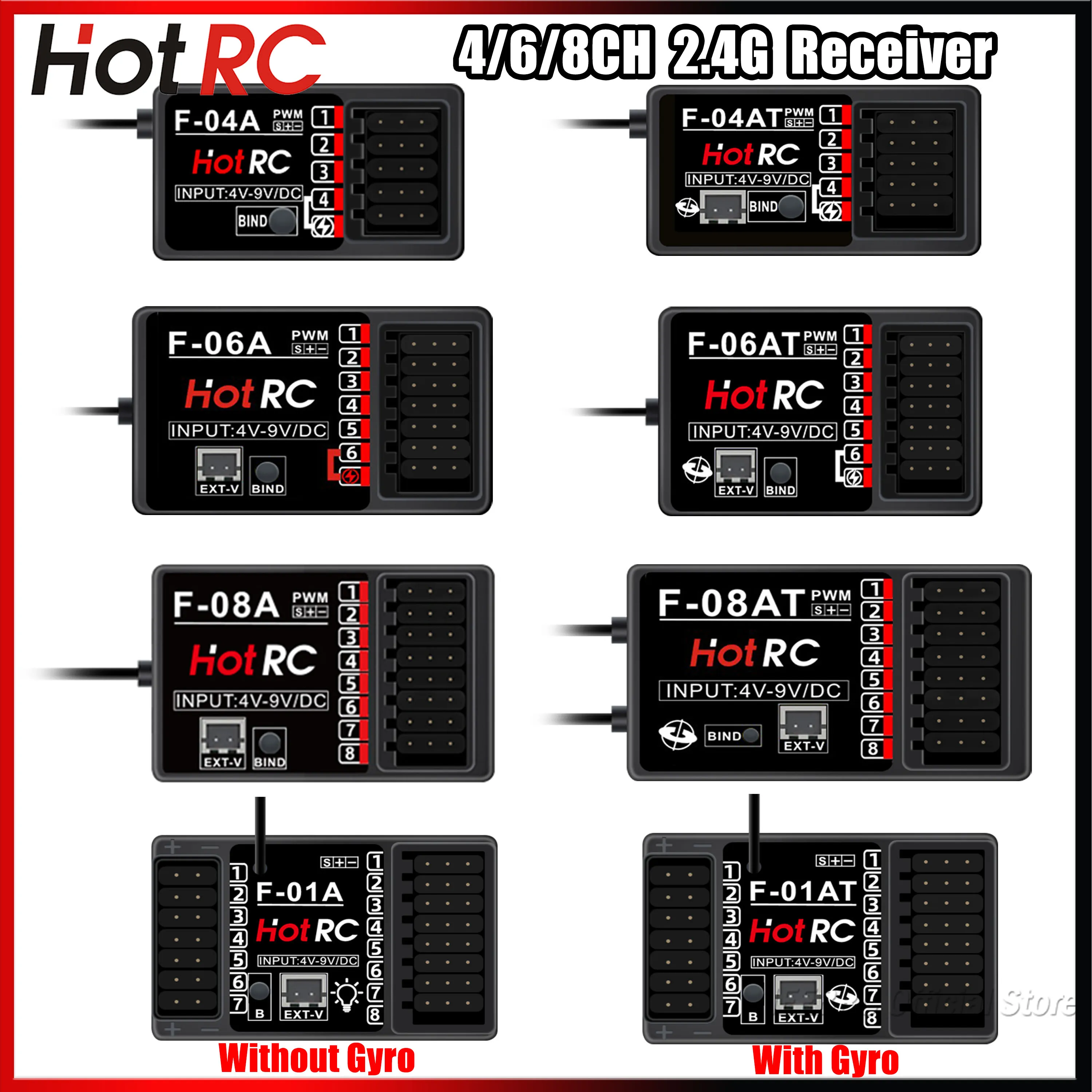 HotRC 4/6/8CH 2.4G Gyro Receiver F-04AT F-06AT F-08AT F-01A F-01AT Voltage Return PWM Lamp Control for RC Car Aircraft Tank Boat