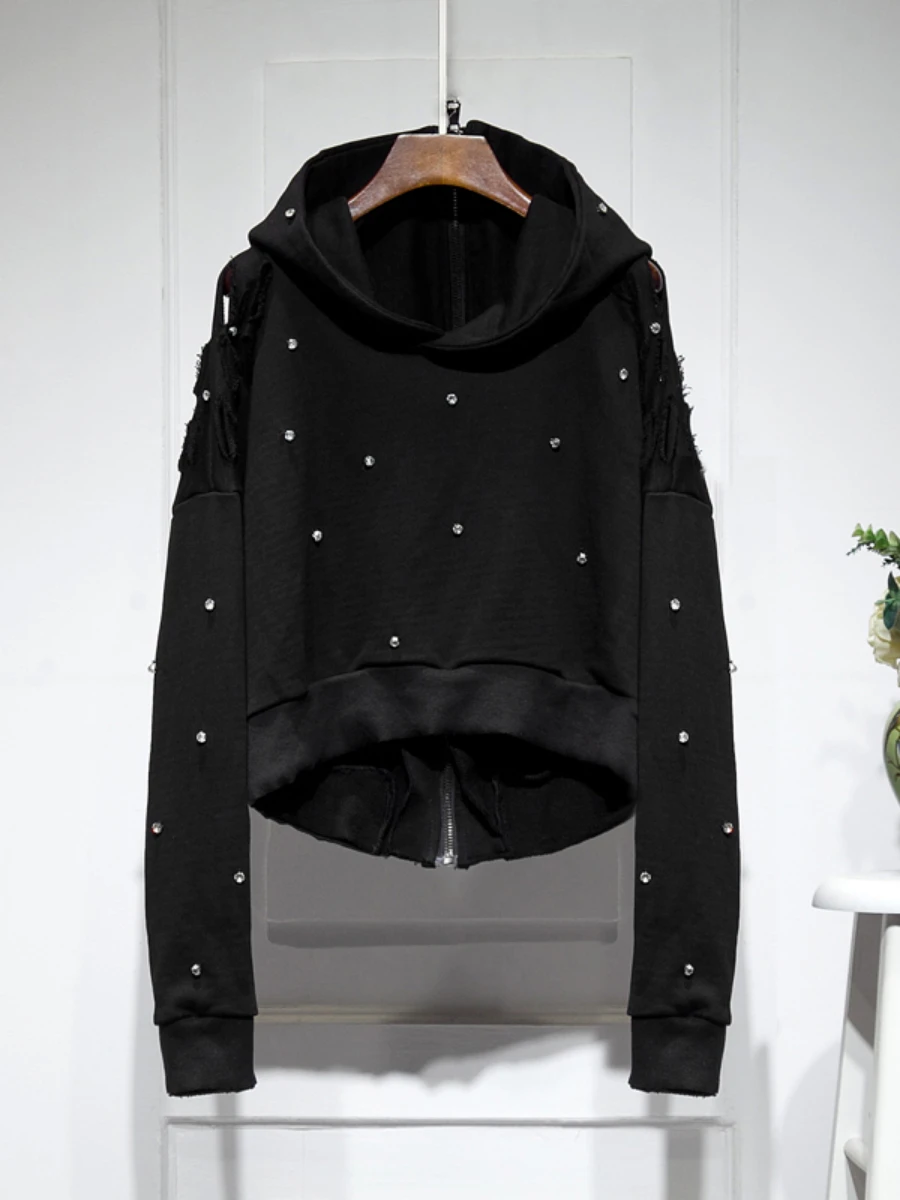 Streetwear Raw Hem Ripped Rhinestone Hooded Sweatshirt Short Coat for Women Autumn New Black Two Sides Wear Loose Zip Hoodie Top