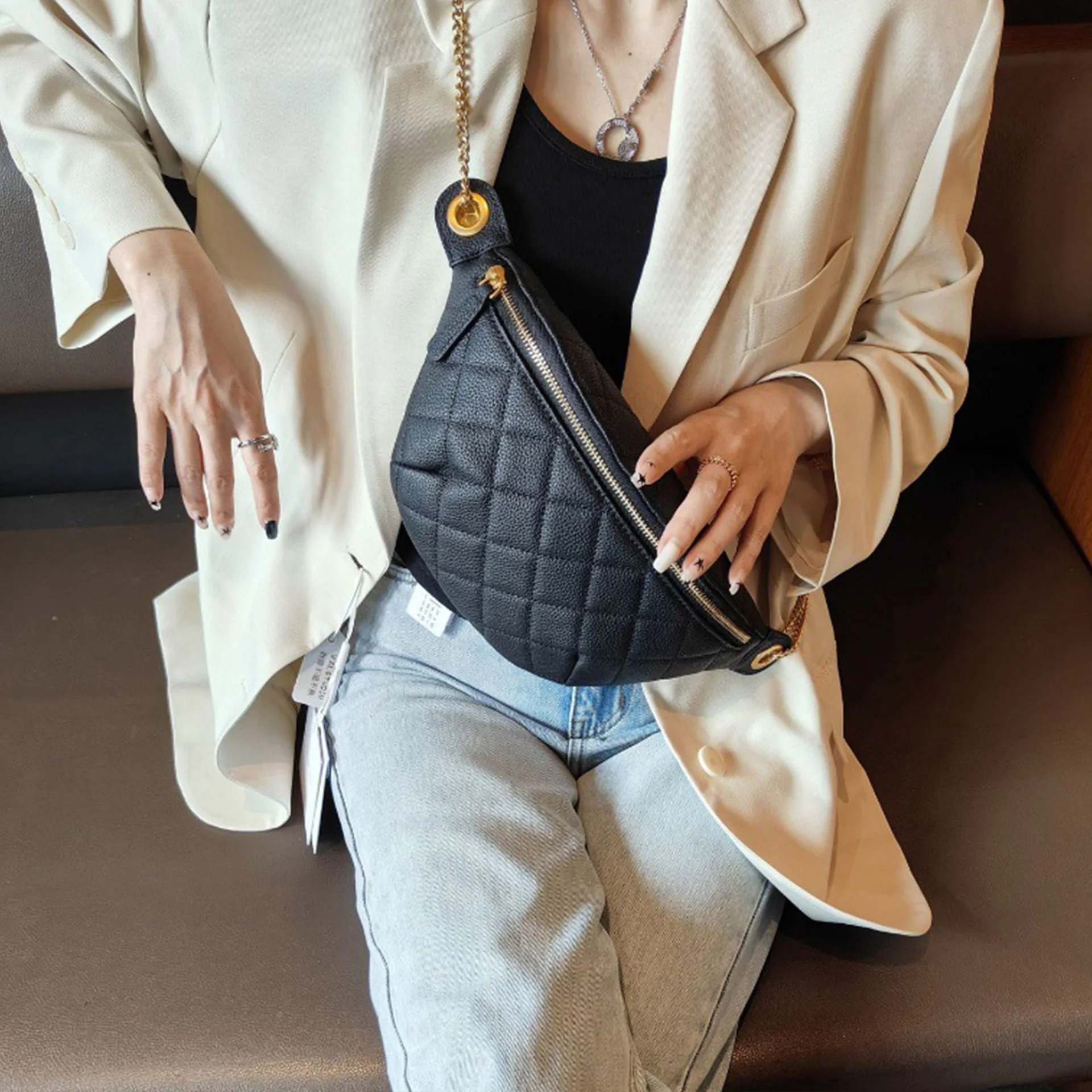 New 2024 Women Chest Pack Fashion Waist Bag Outdoor Genuine Leather Fanny Pack Women Chains Bag Shoulder Bag Sling Crossbody