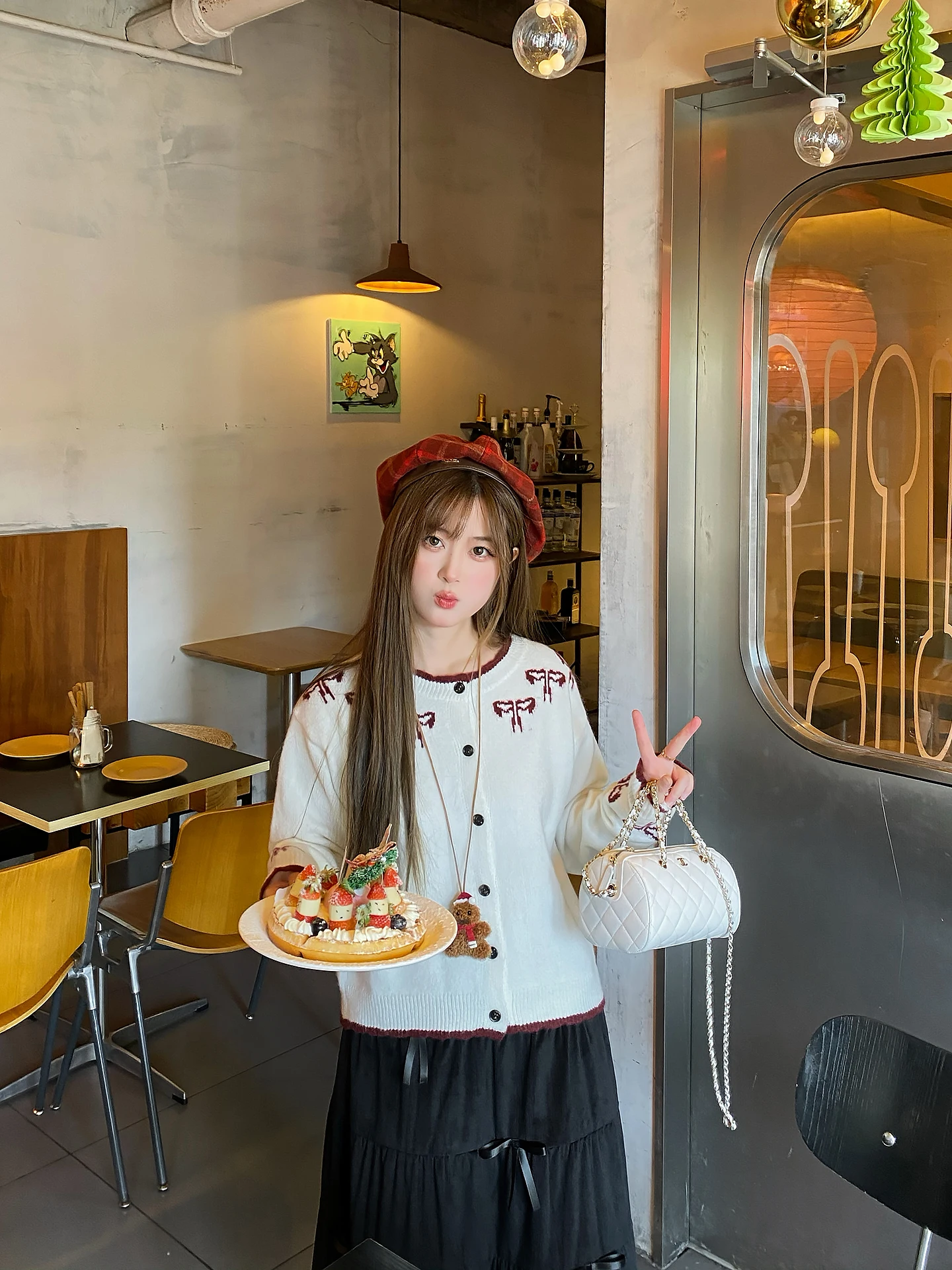 

Autumn Winter Versatile Beige Bow Knot Sweater Knitted Top for Women Cisas Sle Stand Fit Print Design Thi Long Sve