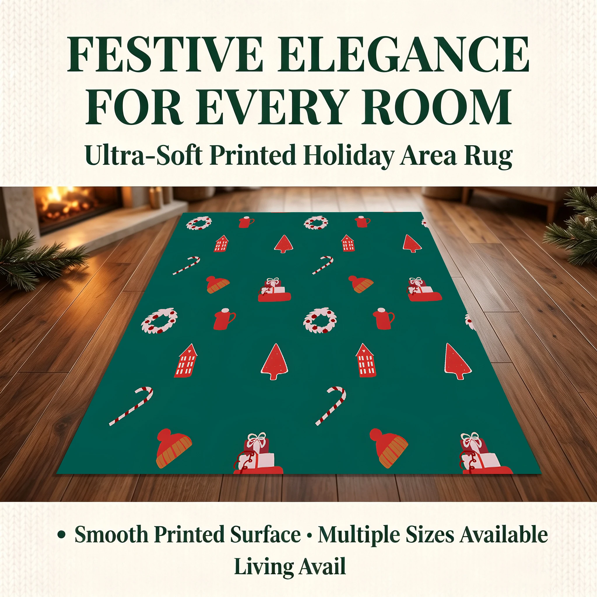 Velvet Rug Cute All over Christmas Wreath Candy Cane Small Element for Entryway Bedroom Bedside Living Room Decor