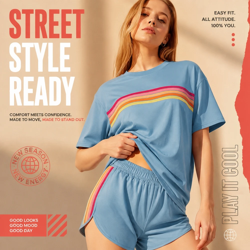 Women's Summer 2 Piece Outfits Short Sleeve Crew Neck T Shirt and Elastic Waist Shorts Set Retro Rainbow Striped Casual Beach Matching Set Relaxed Fit with Side Split for Vacation Travel Daily Spring Summer