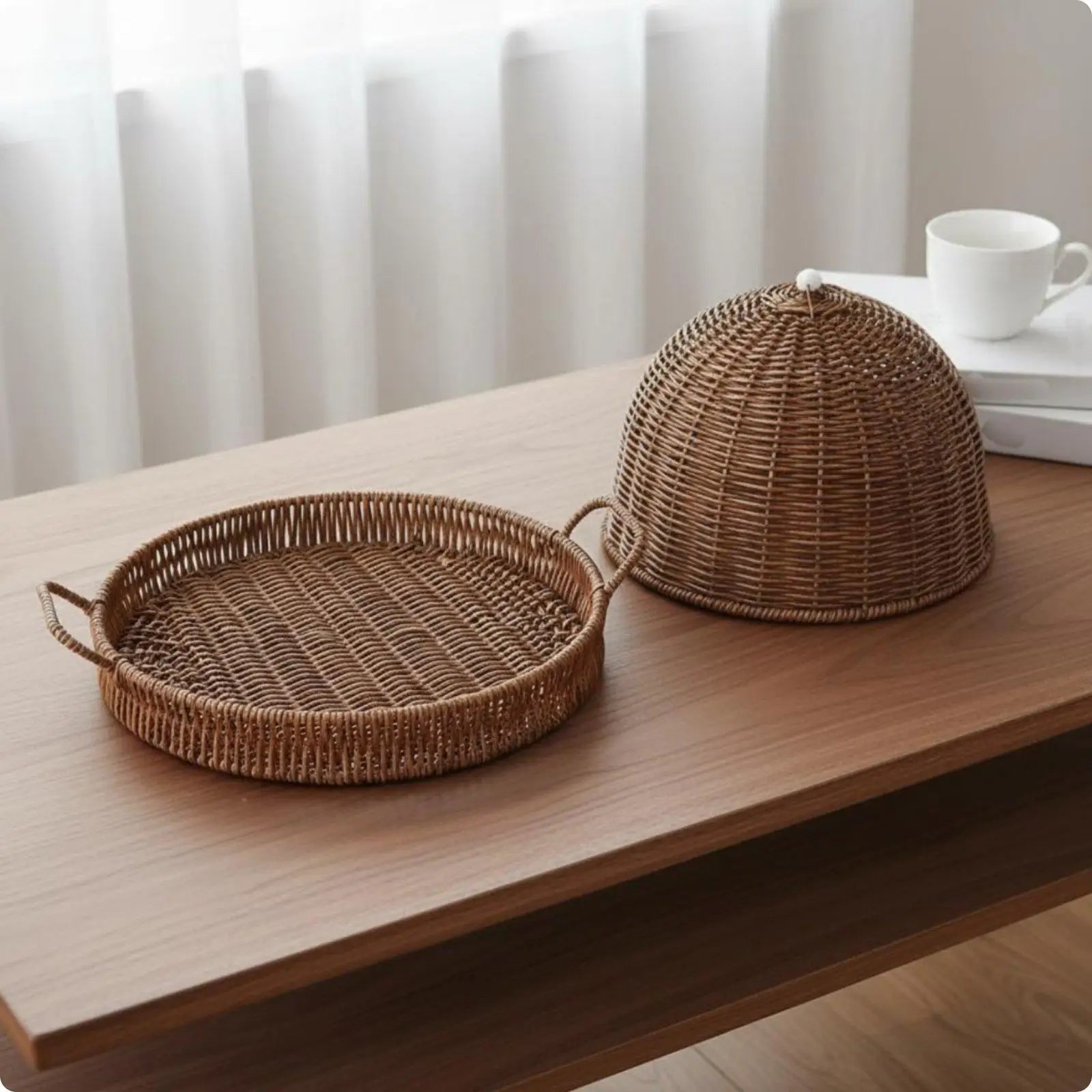 Practical Covered Snack Basket Woven Serving Tray Imitation Rattan Look Storage Tray for Kitchen and Daily Use