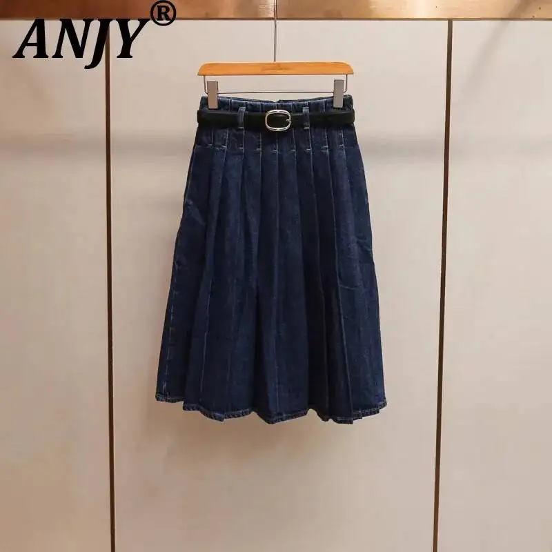 ANJY Spring Summer New Women Elegant Fashion Preppy Style Versatile Pleated Denim Skirt Vintage Washed Chic A-Line Skirts A25002