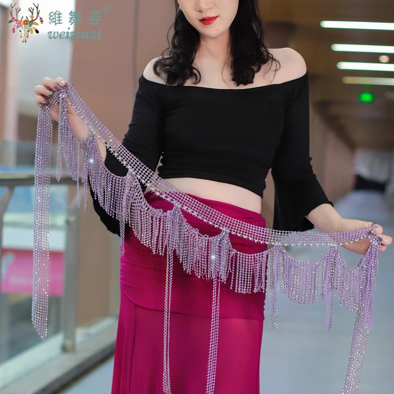 Belly Dance Fringe Belt Women Advanced Luxury AB Bright Diamond Wave Tassel Hip Scarf Adult Oriental Dance Practice Accessories