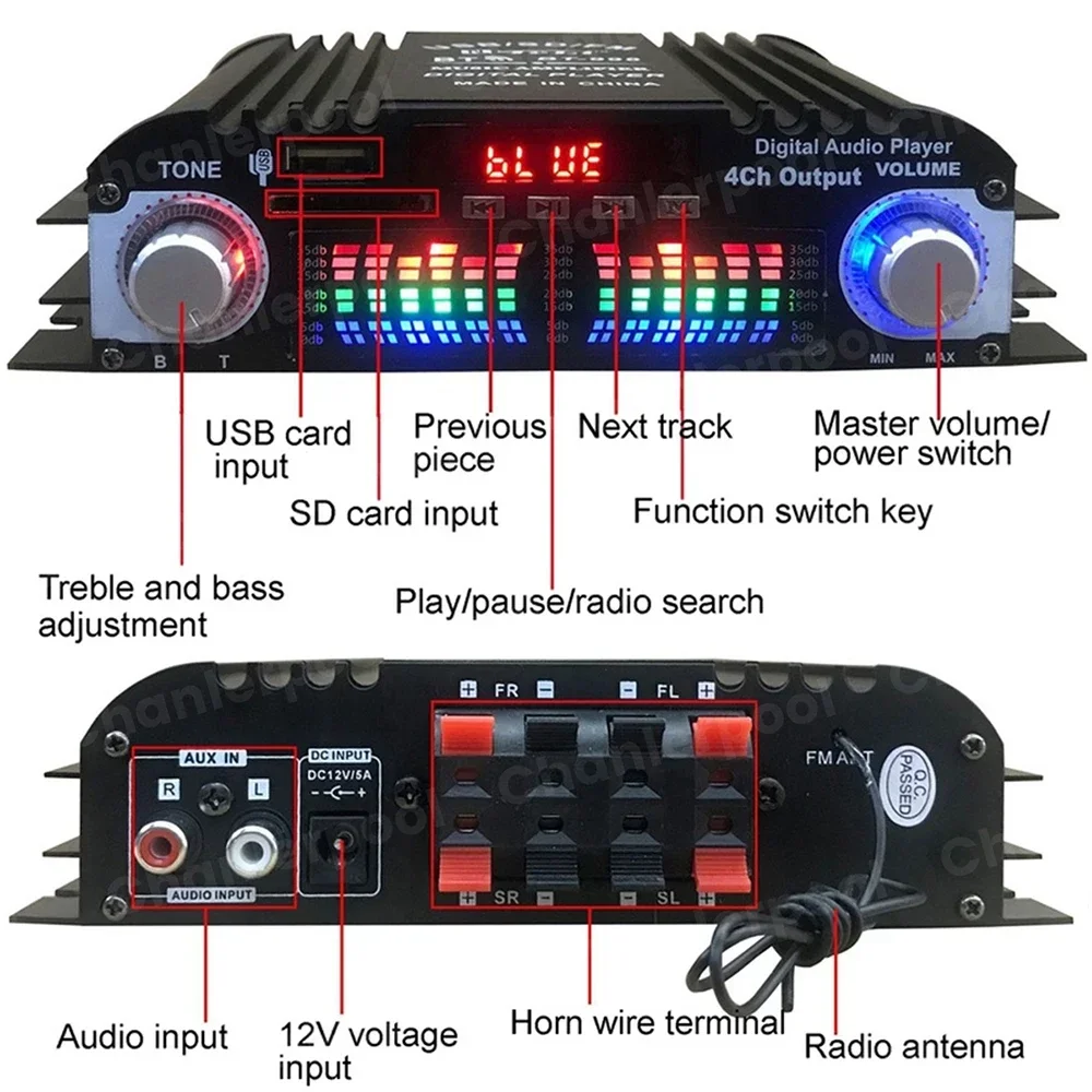 HiFi Amplificador de Som de Áudio Digital de 4 Canais, Amplificador Bluetooth, Sistema de Áudio Doméstico, Rádio FM, Suporte MP3, USB, SD, RCA, DC 12V, 3 A, 12V