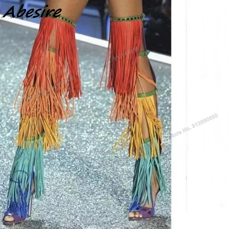 

Abesire Mixed Color Fringe Decor Boots High Heel Women Shoes Peep Toe Over the Knee Buckle Decor New Big Size Shoes on Heels