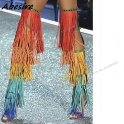 Abesire mieszane kolor Fringe Decor buty szpilki damskie buty Peep Toe Over the Knee Buckle Decor nowe buty w dużych rozmiarach na obcasach