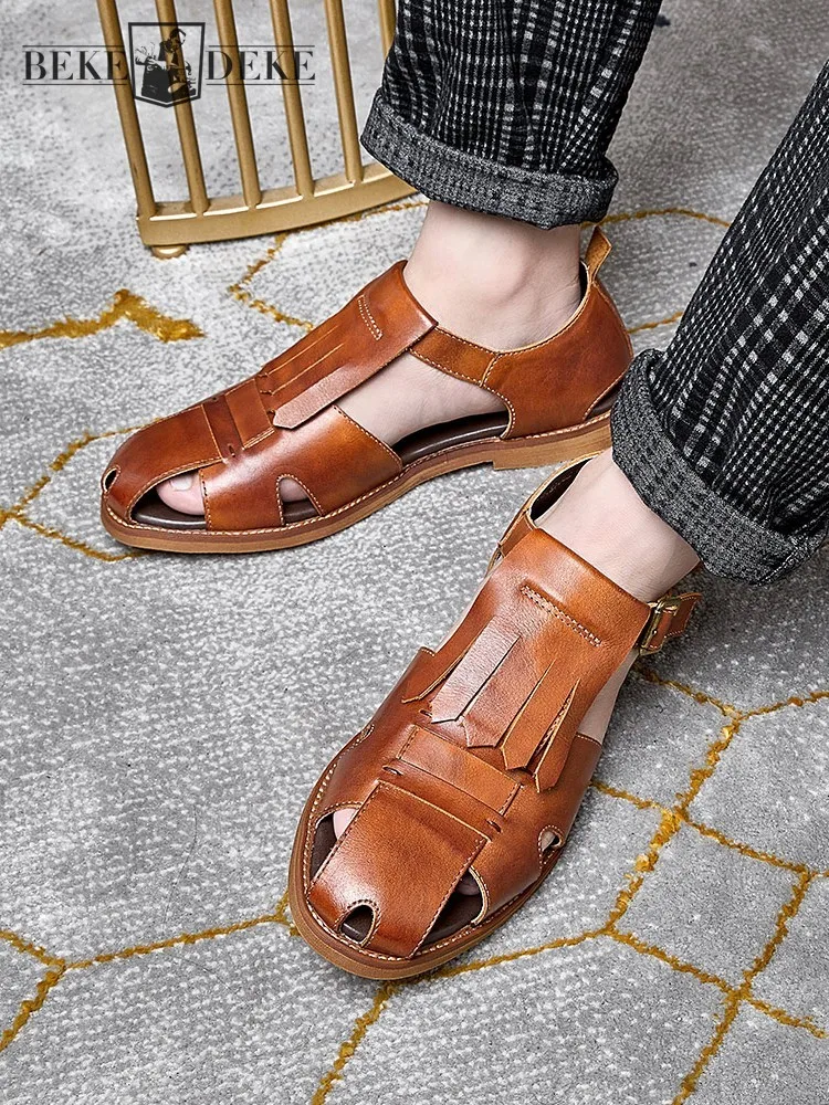 Summer Business Men Work Casual Gladiator Sandals Close Toe Cowhide Genuine Leather Sandals Vintage Tassels lHollow Out Shoes